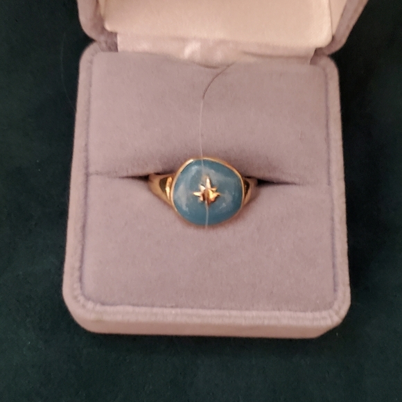 Vintage Gold Tone & Blue Emamel Turquoise Celstial Star Ring Size 7 Mid Mod - Picture 3 of 7